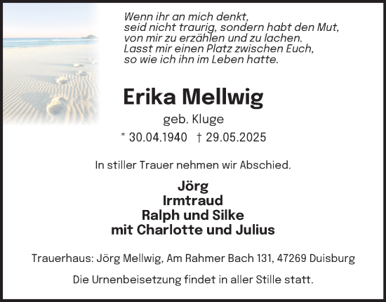 Traueranzeige von Erika Mellwig von Tageszeitung