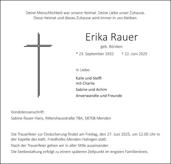 Traueranzeige von Erika Rauer von Tageszeitung