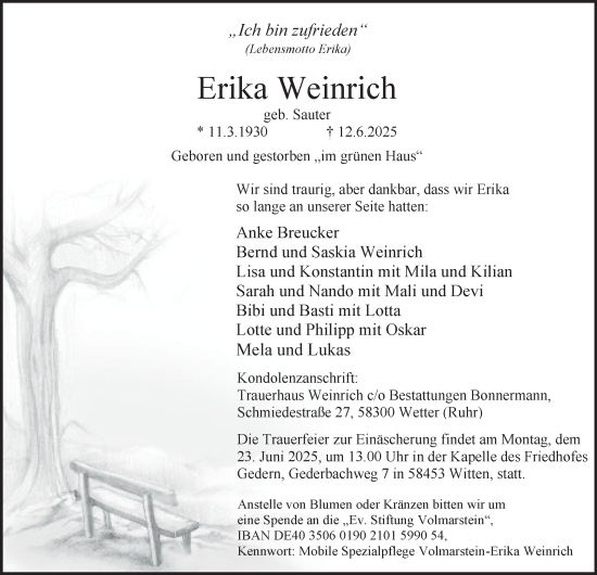 Traueranzeige von Erika Weinrich von Tageszeitung