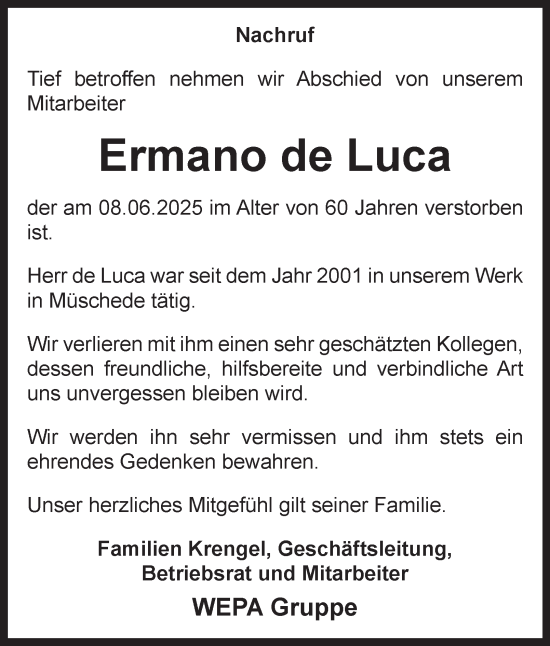 Traueranzeige von Ermano de Luca von Tageszeitung
