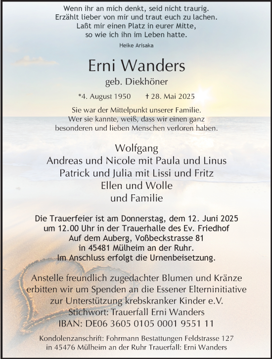Traueranzeige von Erni Wanders von Tageszeitung