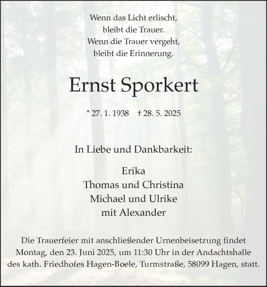 Traueranzeige von Ernst Sporkert von Tageszeitung