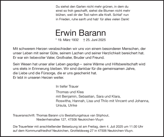 Traueranzeige von Erwin Barann von Tageszeitung