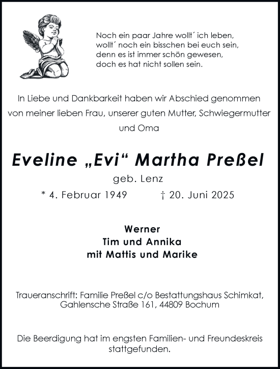 Traueranzeige von Eveline Preßel von Tageszeitung