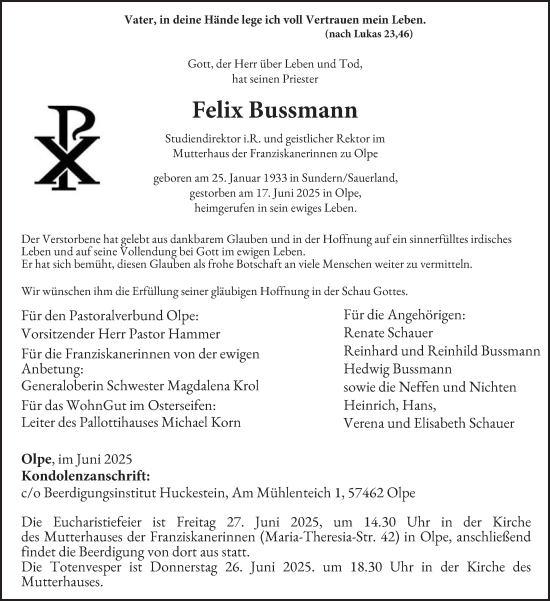 Traueranzeige von Felix Bussmann von Tageszeitung