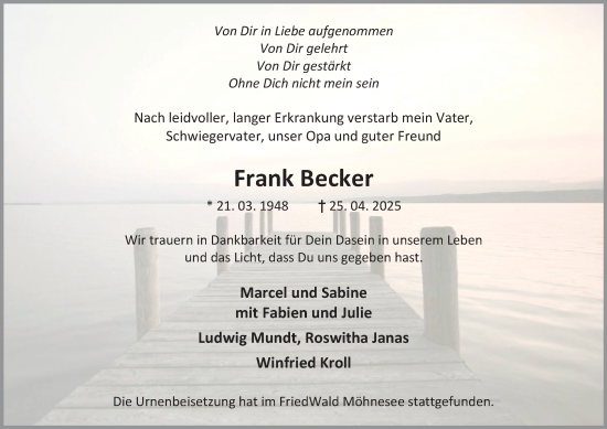 Traueranzeige von Frank Becker von Tageszeitung