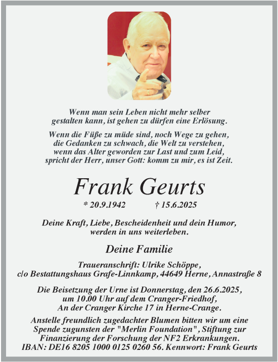 Traueranzeige von Frank Geurts von Tageszeitung