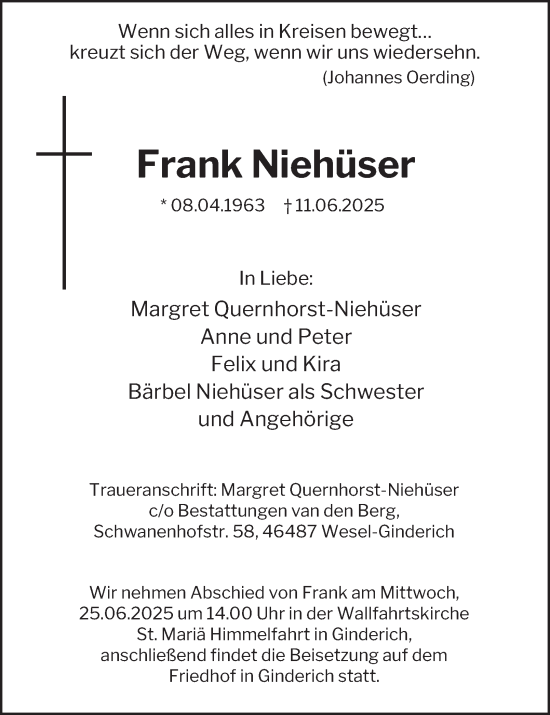 Traueranzeige von Frank Niehüser von Tageszeitung