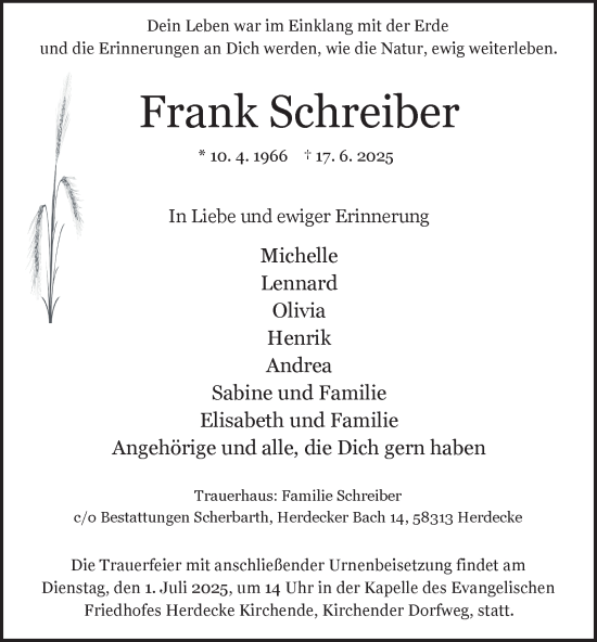 Traueranzeige von Frank Schreiber von Tageszeitung