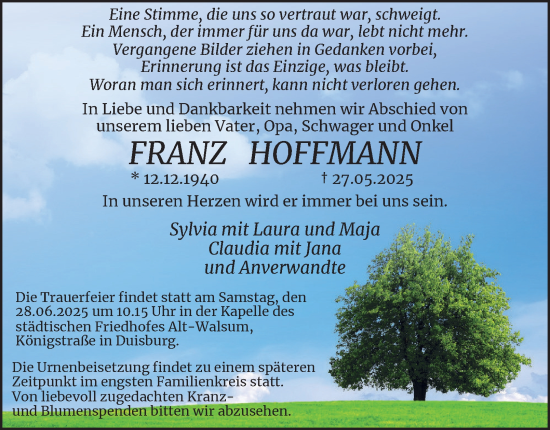 Traueranzeige von Franz Hoffmann von Tageszeitung