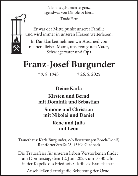 Traueranzeige von Franz-Josef Burgunder von Tageszeitung