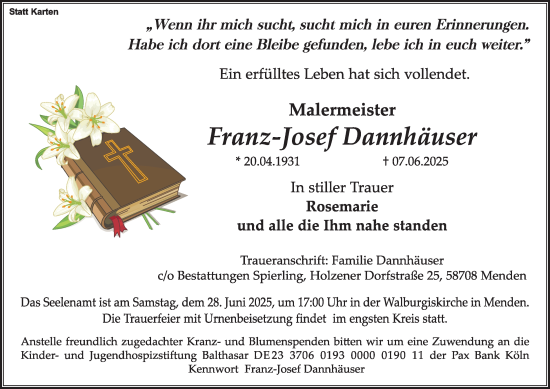 Traueranzeige von Franz-Josef Dannhäuser von Tageszeitung