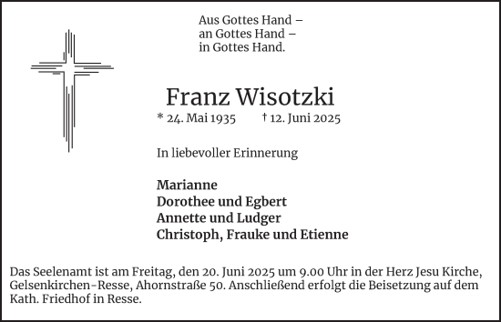 Traueranzeige von Franz Wisotzki von Tageszeitung