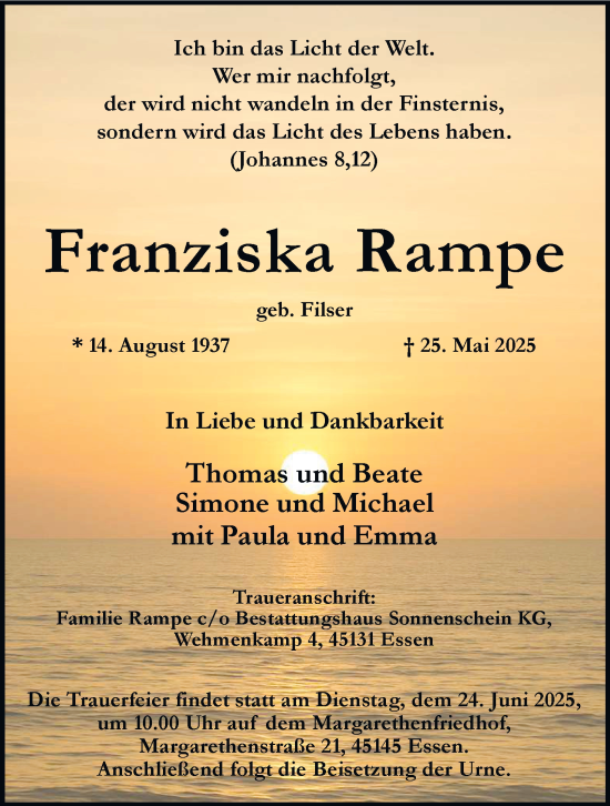 Traueranzeige von Franziska Rampe von Tageszeitung
