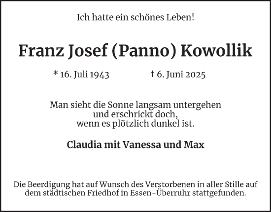 Traueranzeige von Franz Josef Kowollik von Tageszeitung