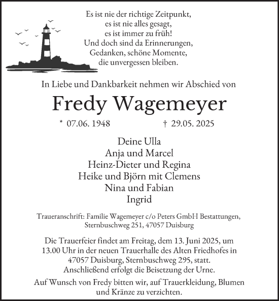 Traueranzeige von Fredy Wagemeyer von Tageszeitung