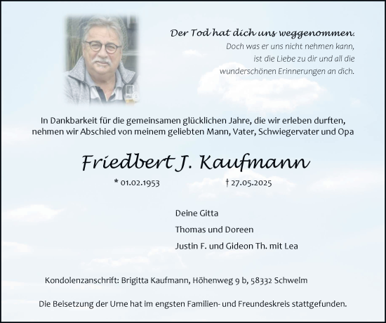 Traueranzeige von Friedbert Kaufmann von Tageszeitung