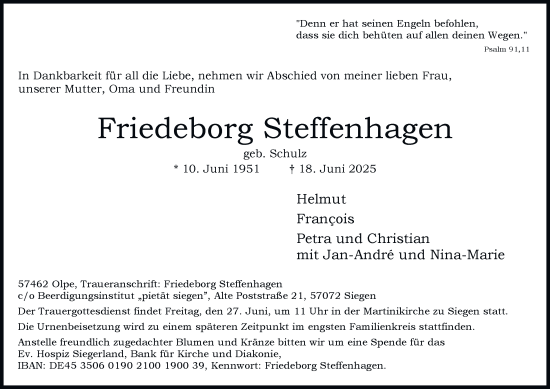 Traueranzeige von Friedeborg Steffenhagen von Tageszeitung