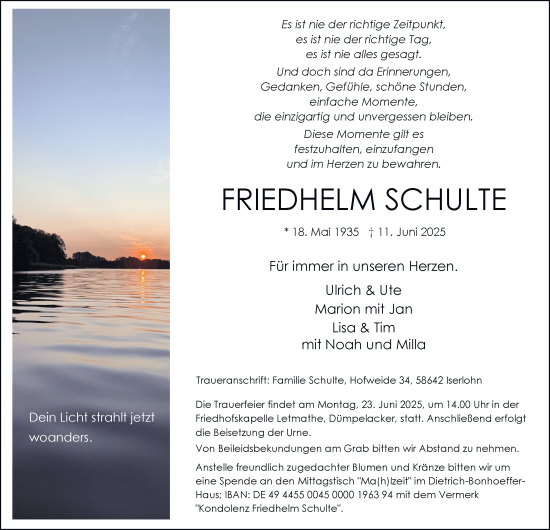 Traueranzeige von Friedhelm Schulte von Tageszeitung