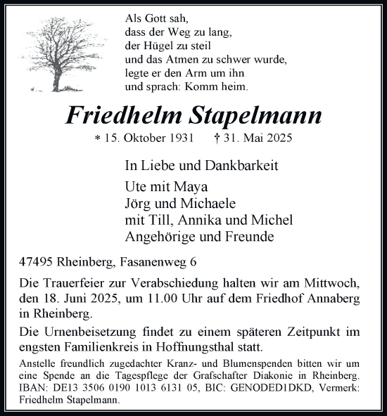 Traueranzeige von Friedhelm Stapelmann von Tageszeitung