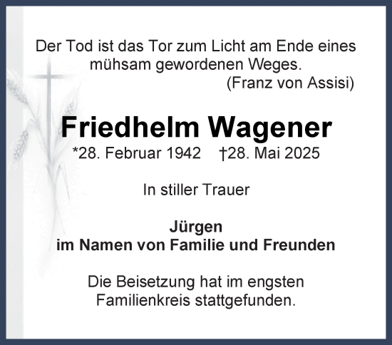 Traueranzeige von Friedhelm Wagener von Tageszeitung