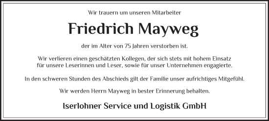 Traueranzeige von Friedrich Mayweg von Tageszeitung