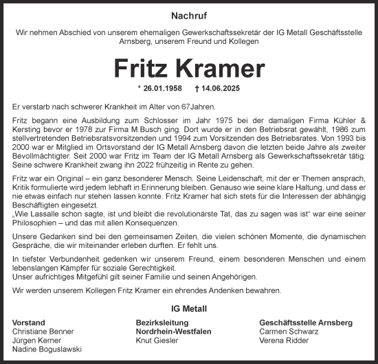 Traueranzeige von Fritz Kramer von Tageszeitung