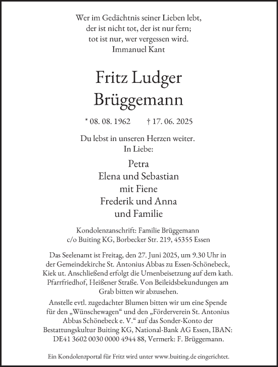 Traueranzeige von Fritz Ludger Brüggemann von Tageszeitung