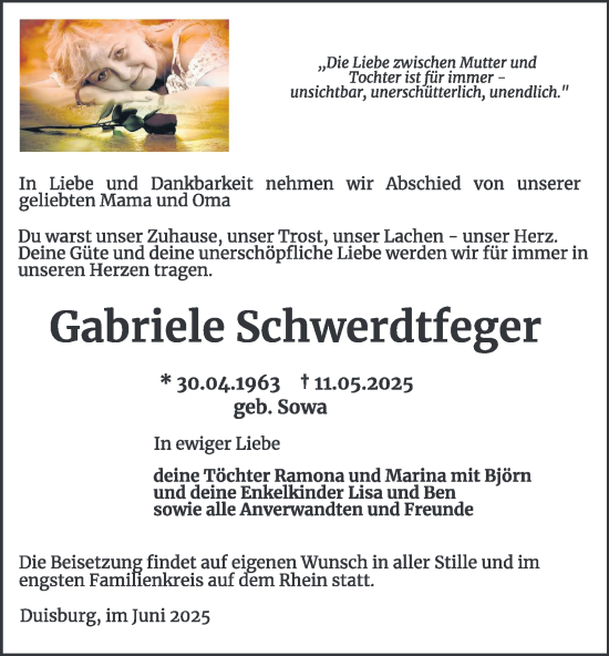 Traueranzeige von Gabriele Schwerdtfeger von Tageszeitung