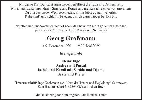 Traueranzeige von Georg Großmann von Tageszeitung