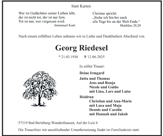 Traueranzeige von Georg Riedesel von Tageszeitung
