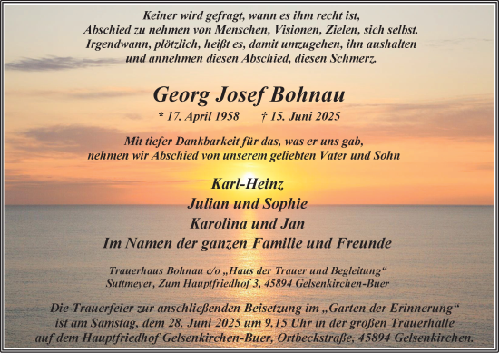 Traueranzeige von Georg Josef Bohnau von Tageszeitung