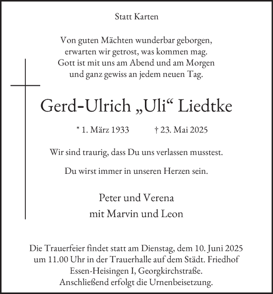 Traueranzeige von Gerd-Ulrich Liedtke von Tageszeitung