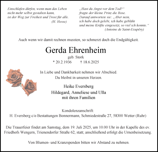 Traueranzeige von Gerda Ehrenheim von Tageszeitung