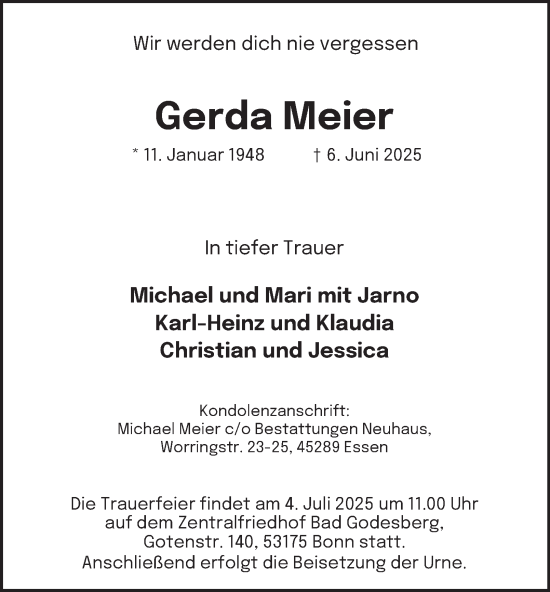 Traueranzeige von Gerda Meier von Tageszeitung