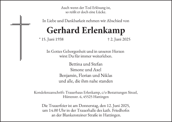 Traueranzeige von Gerhard Erlenkamp von Tageszeitung