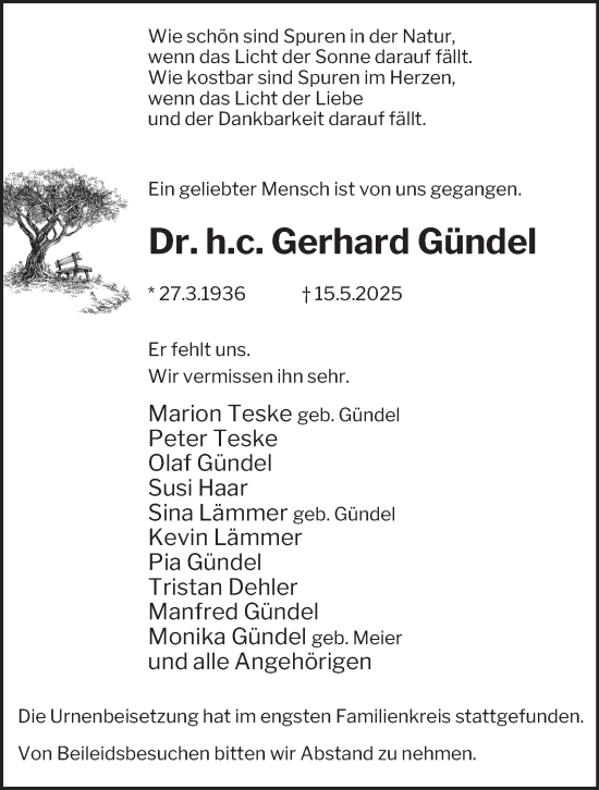 Traueranzeige von Gerhard Gündel von Tageszeitung
