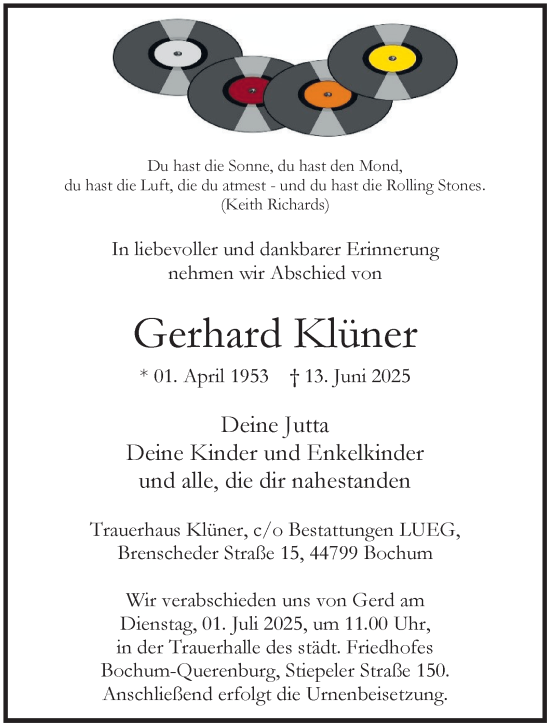 Traueranzeige von Gerhard Klüner von Tageszeitung