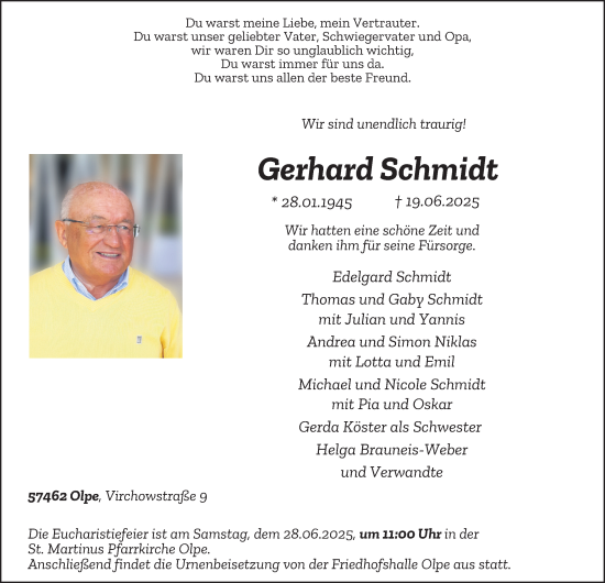 Traueranzeige von Gerhard Schmidt von Tageszeitung