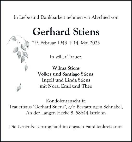 Traueranzeige von Gerhard Stiens von Tageszeitung