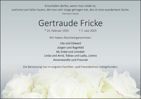 Traueranzeige von Gertraude Fricke von Tageszeitung