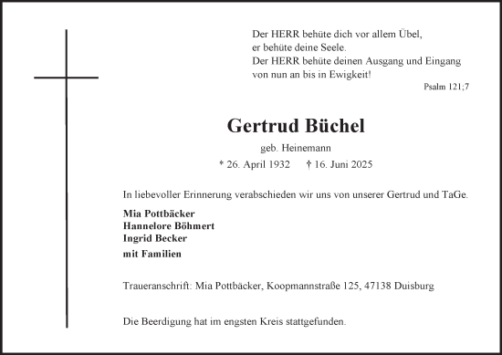 Traueranzeige von Gertrud Büchel von Tageszeitung