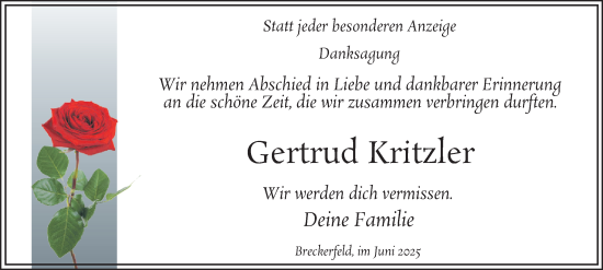 Traueranzeige von Gertrud Kritzler von Tageszeitung