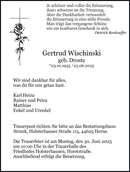 Traueranzeige von Gertrud Wischinski von Tageszeitung