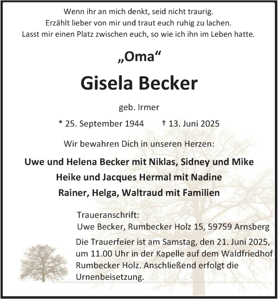 Traueranzeige von Gisela Becker von Tageszeitung