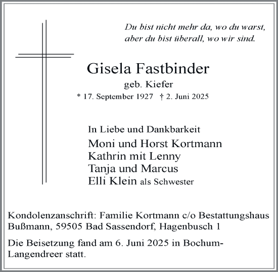 Traueranzeige von Gisela Fastbinder von Tageszeitung