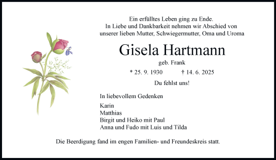Traueranzeige von Gisela Hartmann von Tageszeitung