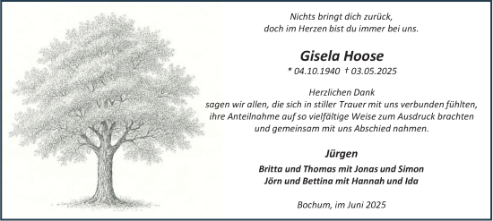 Traueranzeige von Gisela Hoose von Tageszeitung