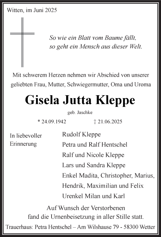 Traueranzeige von Gisela  Kleppe von Tageszeitung