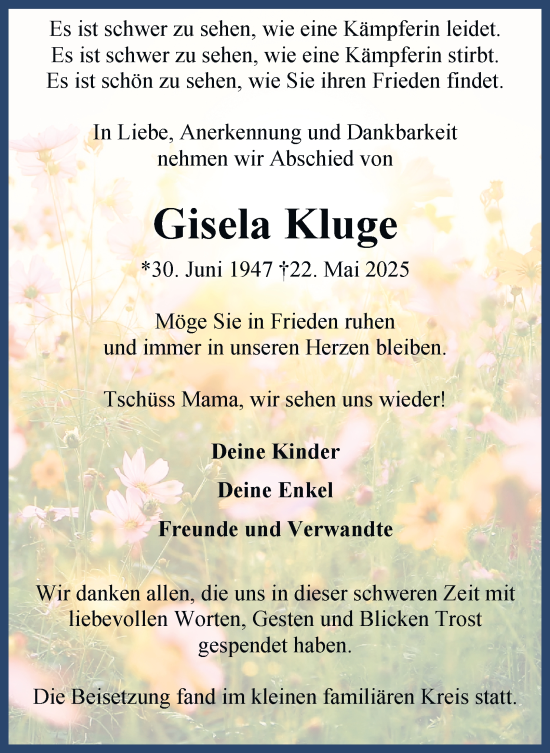 Traueranzeige von Gisela Kluge von Tageszeitung